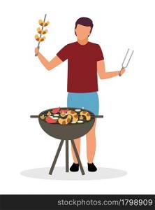 Guy arranging backyard barbecue semi flat color vector character. Posing figure. Full body person on white. Outdoor cooking isolated modern cartoon style illustration for graphic design and animation. Guy arranging backyard barbecue semi flat color vector character