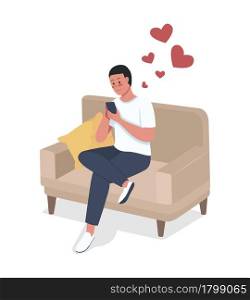 Guy chatting on phone with beloved one semi flat color vector character. Full body person on white. Online dating isolated modern cartoon style illustration for graphic design and animation. Guy chatting on phone with beloved one semi flat color vector character