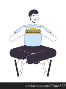 Guy eating sandwich in legs crossed posture flat line color vector character. Editable outline full body person on white. Student meal break simple cartoon spot illustration for web graphic design. Guy eating sandwich in legs crossed posture flat line color vector character