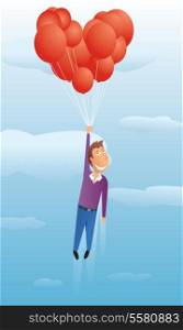 Guy floating with valentine balloons