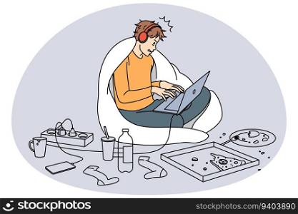 Guy gamer playing online on laptop surrounded by food at home. Desperate man using computer feel addicted to social media and gaming. Addiction to gadgets. Vector illustration.. Guy addicted to gadgets play on laptop