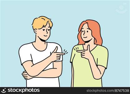 Guy, girl point fingers at each other. Woman, man avoid solving problems. Husband shifts responsibility to wife. Girlfriend blames failure, criticizes boyfriend. Vector line art colored illustration.. Guy, girl point fingers at each other, avoid solving problems.