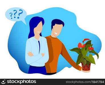 guy gives young girl, friend pot with indoor flower. Friendship between man and woman, family relationships. Gifts for no reason. Vector