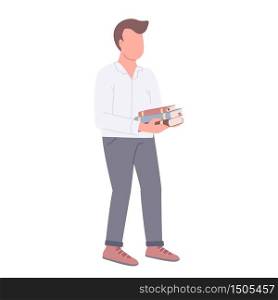 Guy holding books flat color vector faceless character. College student, library visitor, bookstore customer isolated cartoon illustration for web graphic design and animation. Young reader, bookworm