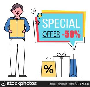Guy holding vector carton box in hands. Special offer, 50 percent off price in stores. Shopping bags on ground, man buy products and gifts. Caption on blue label with advertising, minimalism. Special Offer on Black Friday, Man on Shopping