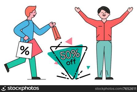 Guy hurry on shopping with bags. Discount up to 50 percent off price. Happy man stand near promotion label. People on commercial poster with caption. Vector illustration in flat style, minimalism. Men on Shopping with Bags, Sale Promotion Label