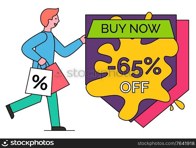 Guy hurrying on shopping with bag. Discount 65 percent off price. Man bought products on black friday. Buy now in stores, shops. Vector promotion caption, inscription on colorful label in minimalism. Man on Shopping, Buy Now on Black Friday Sale