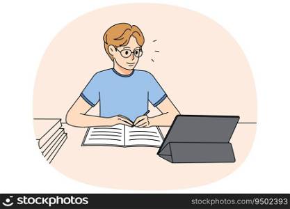 Guy in glasses sit at desk studying online on table. Student handwriting in notebook learning on internet on gadget. Remote education. Vector illustration.. Guy in glasses study online on pad