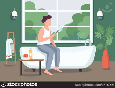 Guy in smart bathroom flat color vector illustration. Young man with smartphone 2D cartoon character with automated bathtub on background. Remote water flow control. Innovative technology in life