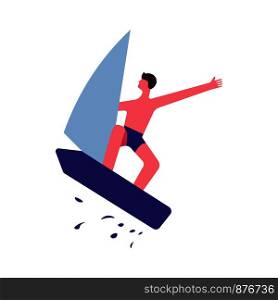 Guy in trunks jumps on sailboard with splashes. Man involved in summer activities on water. Boy surfer exercises in seasonal sport. Male character on surf with sail isolated vector illustration.. Guy in trunks jumps on sailboard with splashes