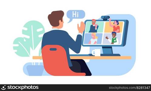 Guy is communicating with group of colleagues participating in video conference. Man sitting at table. Remote communication at home or office. Digital technology. Internet team talking. Vector concept. Guy is communicating with group of colleagues participating in video conference. Man sitting at table. Remote communication at home or office. Digital internet technology. Vector concept