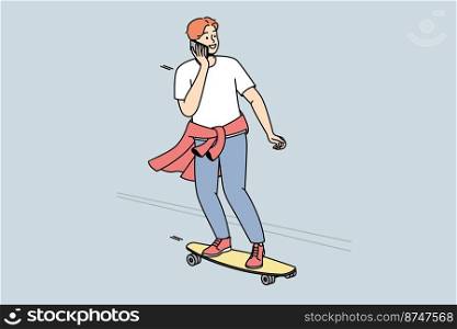 Guy is rolling on skateboard down street and talking on cellphone at same time. Boy practices skateboarding outdoor. Teenager moves on road on longboard, chats on smartphone. Vector graphics in color.. Guy is rolling on skateboard down street, talking on cellphone.