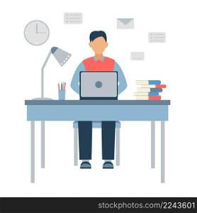 Guy is sitting at table and working on laptop. Adult man in the workplace. Office employee concept vector illustration. Guy is sitting at table and working on laptop