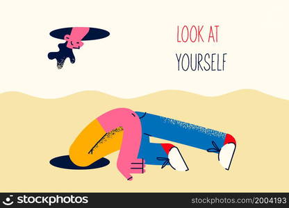 Guy kneel down look in hole and see himself. Man seek search for reason or ground discovering self. Concept of look at yourself first. Self-worth and assessment. Flat vector illustration. . Guy look in hole find himself