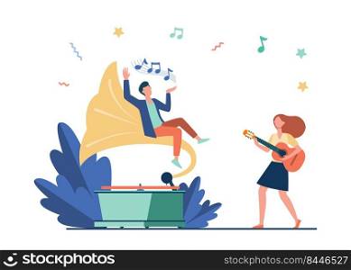 Guy listening to music at retro gramophone. Girl playing guitar and singing flat vector illustration. Entertainment, performing, leisure concept for banner, website design or landing web page