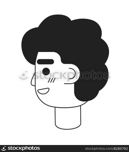 Guy looking back with happy smirk monochromatic flat vector character head. Black white avatar icon. Editable cartoon user portrait. Simple lineart spot illustration for web graphic design, animation. Guy looking back with happy smirk monochromatic flat vector character head