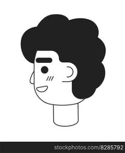 Guy looking back with happy smirk monochromatic flat vector character head. Black white avatar icon. Editable cartoon user portrait. Simple lineart spot illustration for web graphic design, animation. Guy looking back with happy smirk monochromatic flat vector character head