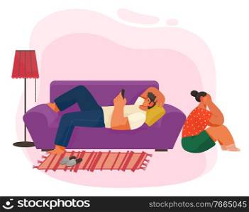 Guy play on smartphone and lie on violet sofa, couch. Woman sitting on floor and crying. Life of young couple with quarrel. Furnishing of living room like couch and carpet. Vector illustration in flat. Quarrel of Young Couple, People in Living Room