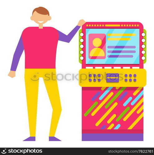 Guy playing retro arcade game machine isolated on white. Happy smiling young man wearing colorful clothes spending free time in gaming room vector, gaming computer machinery. Young Man Playing Retro Arcade Game Machine Vector