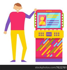 Guy playing retro arcade game machine isolated on white. Happy smiling young man wearing colorful clothes spending free time in gaming room vector, gaming computer machinery. Young Man Playing Retro Arcade Game Machine Vector