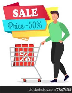 Guy pushing shopping cart by hand in supermarket. Sale, lower price on products. Discount 50 percent off price. Bag with percentage sign in trolley. Vector illustration of man in shop in flat style. Man Push Shopping Trolley, Black Friday 50 Sale