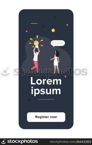 Guy sharing brilliant idea with friend, girlfriend or colleague. Man holding shining lightbulb flat vector illustration. Finding, discovery concept for banner, website design or landing web page