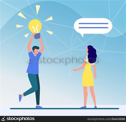 Guy sharing brilliant idea with friend, girlfriend or colleague. Man holding shining lightbulb flat vector illustration. Finding, discovery concept for banner, website design or landing web page