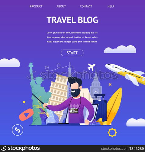 Guy Shoots Video Travel Blog to Another Country. Banner Illustration Bearded Man in Camera, Background Attractions Different Countries, Tells Online Most Beautiful Places. Traveling World by Plane