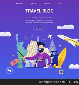 Guy Shoots Video Travel Blog to Another Country. Banner Illustration Bearded Man in Camera, Background Attractions Different Countries, Tells Online Most Beautiful Places. Traveling World by Plane