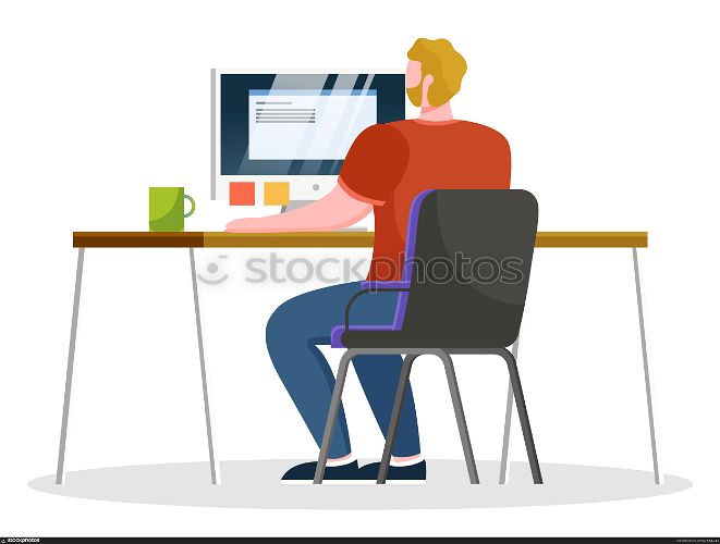 Guy sit by table and work on personal computer at office alone, open space. Man typing on keyboard of laptop. Paper stickers with notes and tasks on monitor. Vector illustration of workplace in flat. Man Work on Computer, Notes and Tasks on Stickers