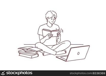 Guy sit on floor study on compute read textbooks prepare for exam. Focused male student enjoy books reading use computer for school preparation. Vector illustration. . Guy work on laptop read books