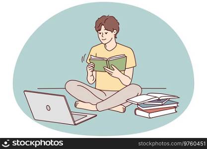 Guy sit on floor study on compute read textbooks prepare for exam. Focused male student enjoy books reading use computer for school preparation. Vector illustration.. Guy work on laptop read books