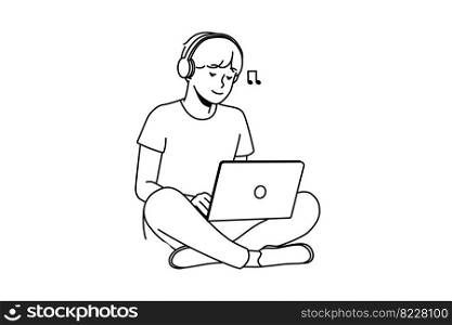 Guy sitting on grass outdoors working on laptop wearing earphones. Happy man relax outside with computer listen to music in headphones. Vector illustration. . Guy sitting on grass with laptop and headphones 