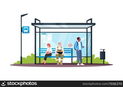 Guy smoking at a no smoking bus stop semi flat RGB color vector illustration. Irritating behaviour in public space. People waiting for transport. Isolated cartoon characters on white background. Guy smoking at a no smoking bus stop semi flat RGB color vector illustration