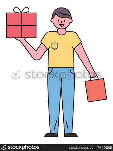 Guy stand and hold red vector package and bag in hands. Man bought goods or gifts on black friday in store, shop. Box with present inside and tied by ribbon. Person in yellow shirt and blue jeans. Man Stand and Hold Box and Shopping Bag, Sale