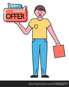 Guy stand and hold shopping bag and advertising label. Man buy products on black friday sale in store, shop. Special offer caption on promotion bubble. Vector illustration in flat style, minimal. Man Holding Shopping Bag, Special Offer on Sale