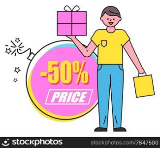 Guy stand and hold vector box and shopping bag in hands. Discount 50 percent off price, cost. Man buy goods or gifts on black friday in store, shop. Yellow caption on circle pink label, minimalism. Man Hold Shopping Bag, Black Friday Sale in Shops