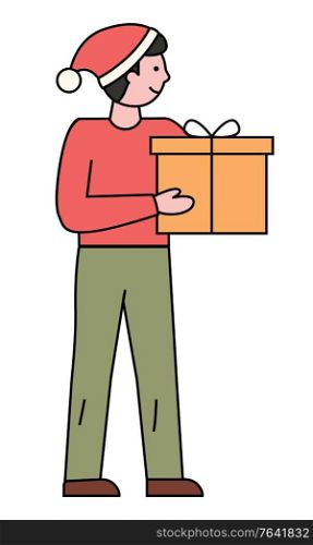 Guy stand and hold vector package in hands. Man ready to greet friends with christmas, holiday time. Box with present inside and tied by ribbon. Person isolated on white background in minimalism. Man Hold Box with Present, Gift for Christmas