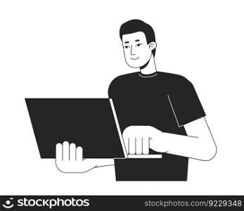 Guy standing with laptop bw vector spot illustration. Holding notebook with one hand 2D cartoon flat line monochromatic character on white for web UI design. Editable isolated outline hero image. Guy standing with laptop bw vector spot illustration