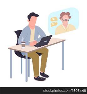 Guy studying at home flat color vector faceless character. Student communicating with teacher online isolated cartoon illustration for web graphic design and animation. Distance internet education