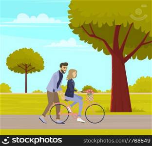 Guy teaches his friend to ride bike. Man supports woman on bicycle on happy date. People rest in nature. Girl riding in park. Female character doing sports outdoors. Woman cycling through trees. Guy teaches his friend to ride bike. Man supports woman on bicycle on date. People rest in nature