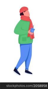 Guy walking in cold weather semi flat color vector character. Dynamic figure. Full body person on white. Winter outdoor isolated modern cartoon style illustration for graphic design and animation. Guy walking in cold weather semi flat color vector character
