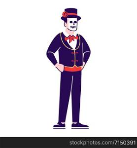 Guy wearing sugar scull face make up and costume flat vector illustrations set. Dia de los Muertos celebration outfits. Cartoon character with outline elements isolated on white background
