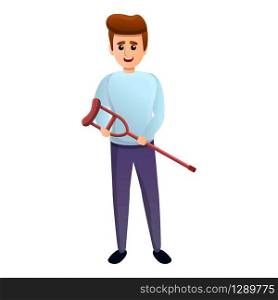 Guy with a crutch in his hands icon. Cartoon of guy with a crutch in his hands vector icon for web design isolated on white background. Guy with a crutch in his hands icon, cartoon style