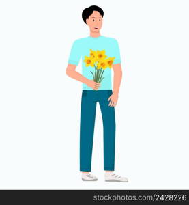 Guy with bouquet of flowers. Man with yellow flowers in his hand vector illustration. Bouquet of daffodils gift for woman