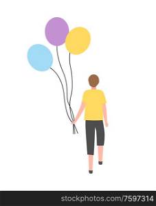 Guy with bunch of air balloons isolated cartoon character. Vector teenage boy with inflatable balls on rope, back view of person in yellow sweater. Guy with Bunch of Air Balloons Isolated Character