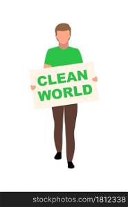 Guy with clean world poster semi flat color vector character. Full body person on white. Saving Earth movement isolated modern cartoon style illustration for graphic design and animation. Guy with clean world poster semi flat color vector character