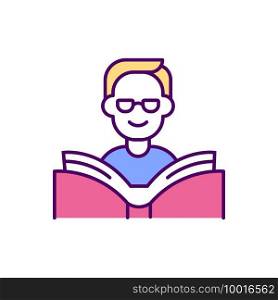 Guy with glasses reading a book RGB color icon. Student learning subject. Open book behind pupil. Study process. Smile on face. Free access. Getting new knowledge. Isolated vector illustration. Guy with glasses reading a book RGB color icon