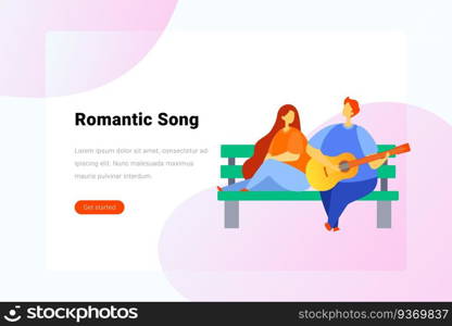 Guy with guitar sings romantic song girl on bench Flat vector illustration. Landing Page design template.