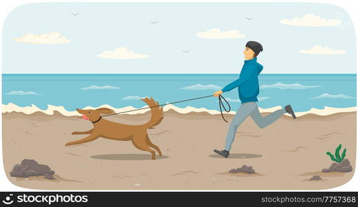 Guy with his pet are walking. Man and dog jogging during cold season. Owner and active puppy spending time together on beach. Male character running after dog on leash on coastline vector illustration. Male character running after puppy on leash on coastline. Man and dog jogging during cold season